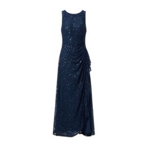 Alex Evenings Size 6 Navy Blue Sleeveless Sequin Lace Ruched Ruffle Gown Dress